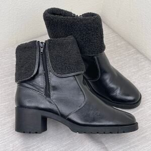 Aerosoles Faux Fur Cuff Black Chunky Ankle Boots Womens 9.5M Winter Warm Comfort